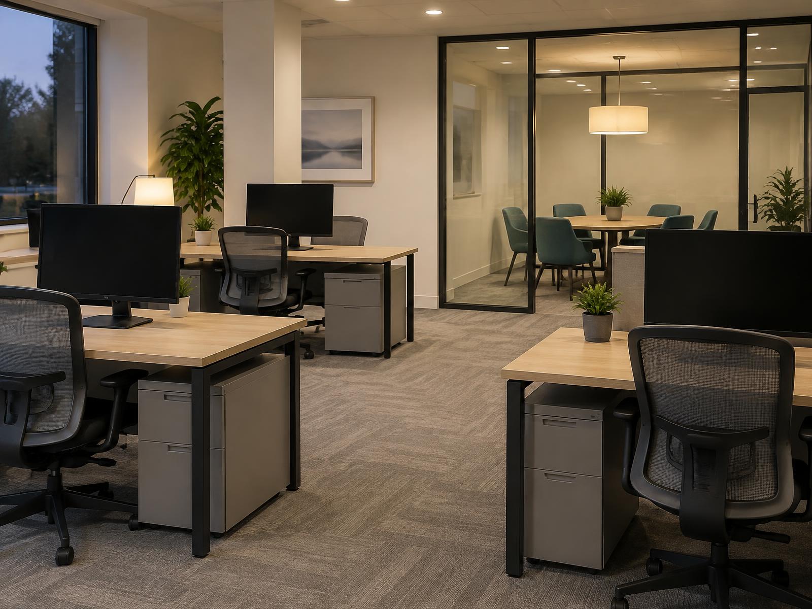Small office with clear desks, chairs pushed in and fresh vacuum lines in the carpet after an after-hours cleaning